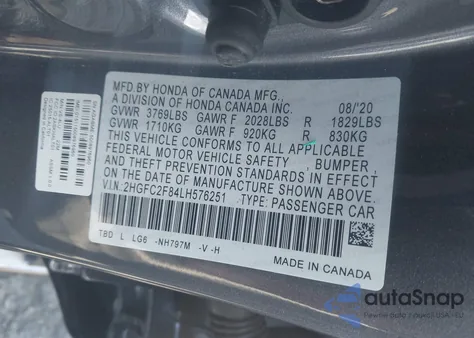 2020 Honda Civic Sport z USA, uszkodzony, nr VIN 2HGFC2F84LH576251